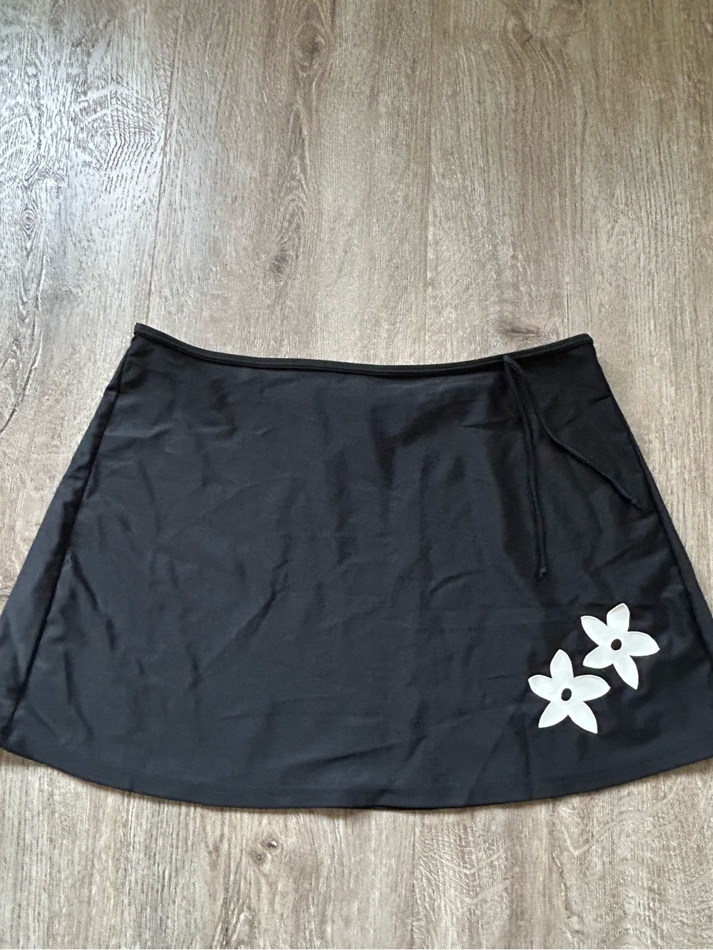 Vintage Black Swim Sarong/ Skirt with White Floral Accents and Tie